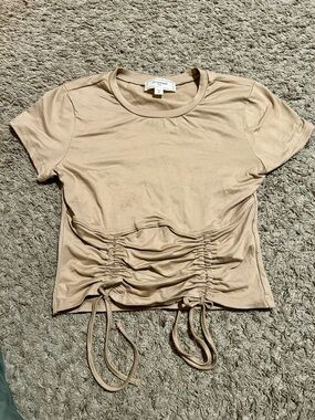 No Comment Ruched Drawstring Crop Top in Beige